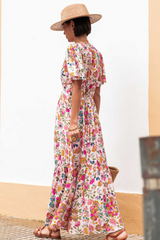 Red Floral Short Sleeve V Neck High Waist Maxi Dress Floral Dresses JT's Designer Fashion