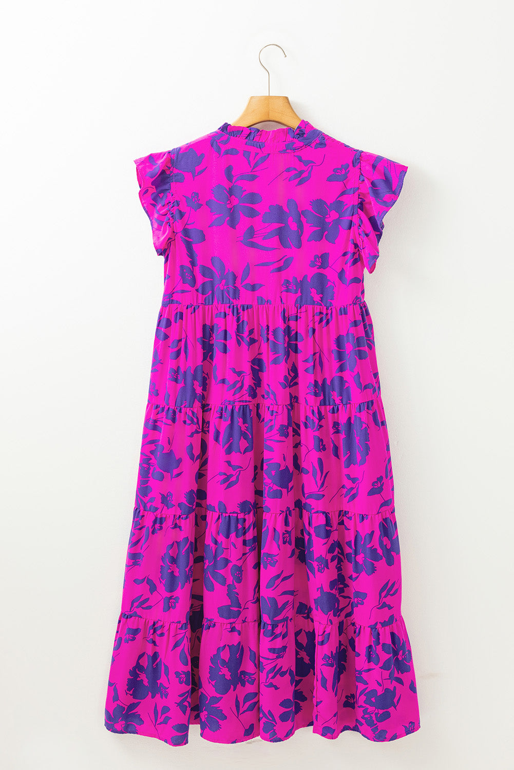 Rose Floral Print Tiered Frilled Trim Flutter Sleeve Maxi Dress Floral Dresses JT's Designer Fashion