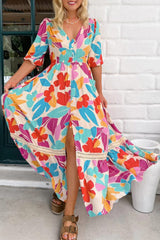 Rose Red Floral Knot Puff Sleeve V Neck Buttoned Front Split Lace Maxi Dress Floral Dresses JT's Designer Fashion