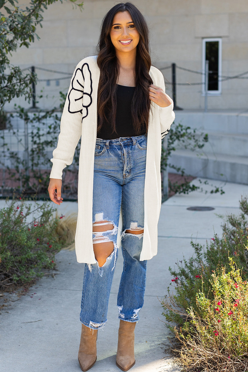 Beige Flower Embroidered Drop Shoulder Open Front Duster Cardigan Cardigans JT's Designer Fashion
