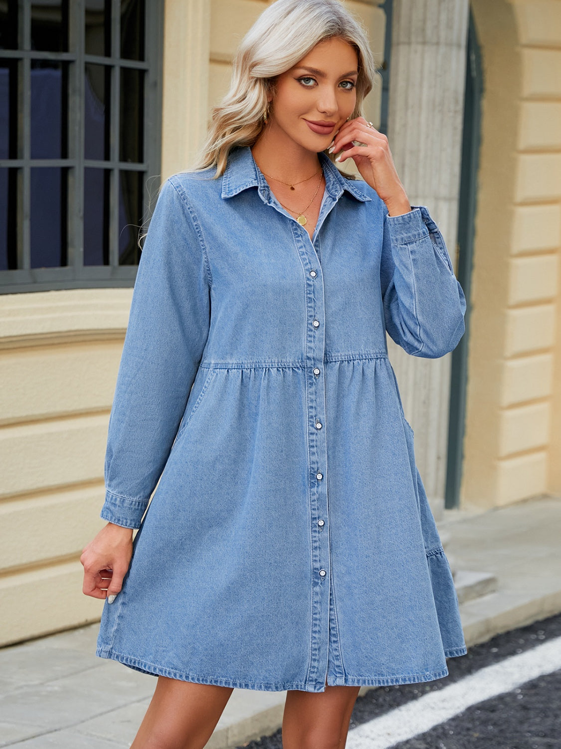 Tiered Button Up Long Sleeve Denim Dress Mini Dresses JT's Designer Fashion