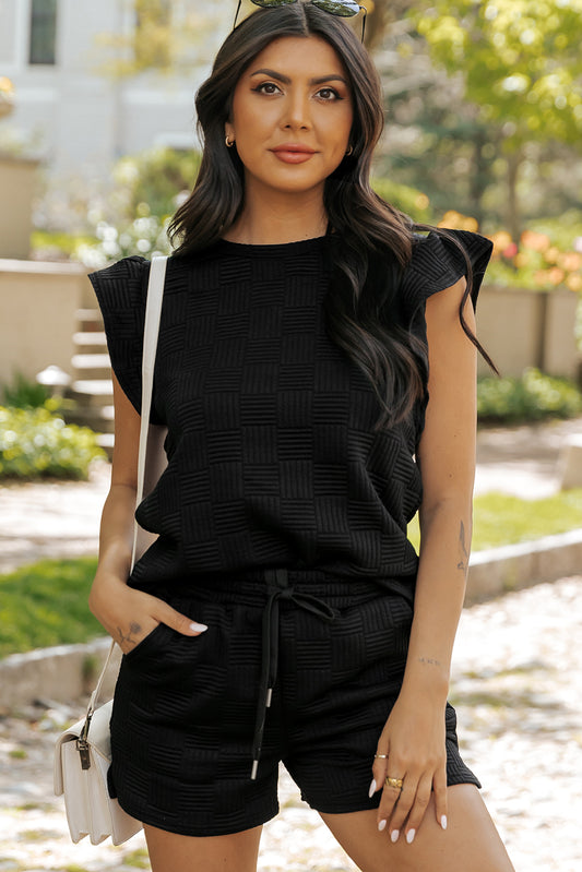 Black Textured Ruffled Sleeve Tee and Drawstring Elastic Waistband Shorts Set Black 95%Polyester+5%Elastane Short Sets JT's Designer Fashion