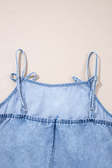 Beau Blue Bow Detail Spaghetti Straps Ruffle Hem Denim Short Dress Mini Dresses JT's Designer Fashion
