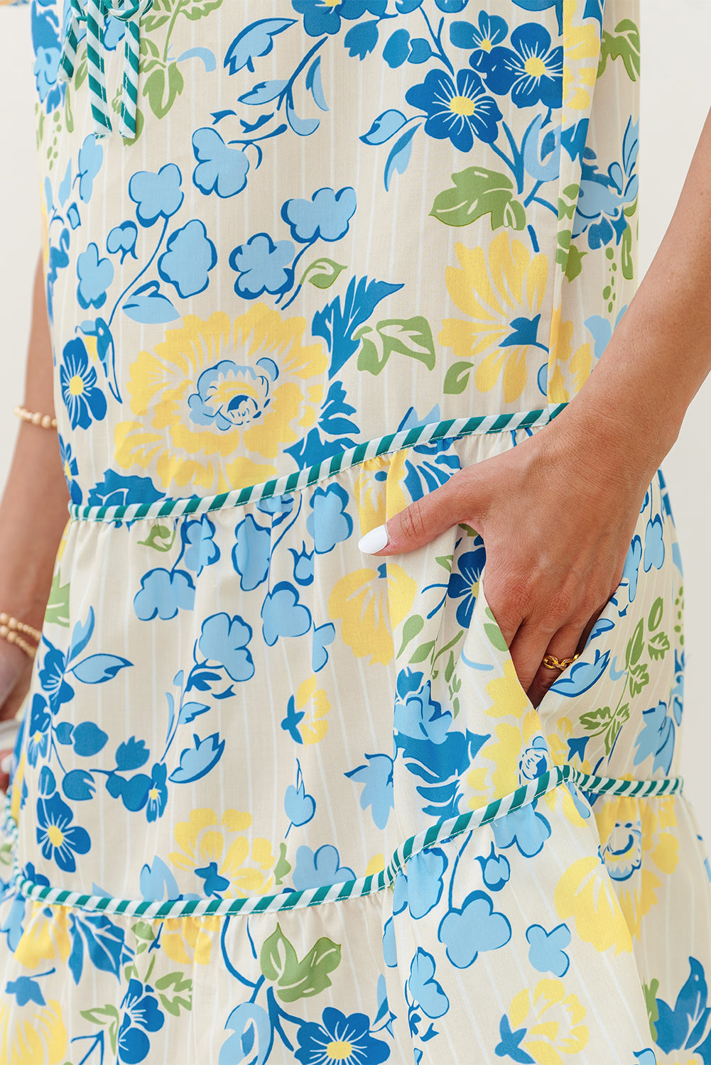 Blue Floral Striped Trim Puff Short Sleeve Dress Floral Dresses JT's Designer Fashion