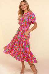 Rose Floral Short Sleeve Smocked Waist Maxi dress Dresses JT's Designer Fashion