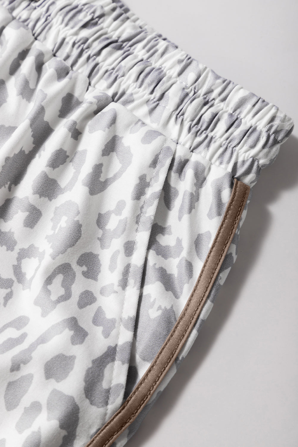 White Leopard Elastic Waist Lace up Contrast Trim Casual Shorts Casual Shorts JT's Designer Fashion