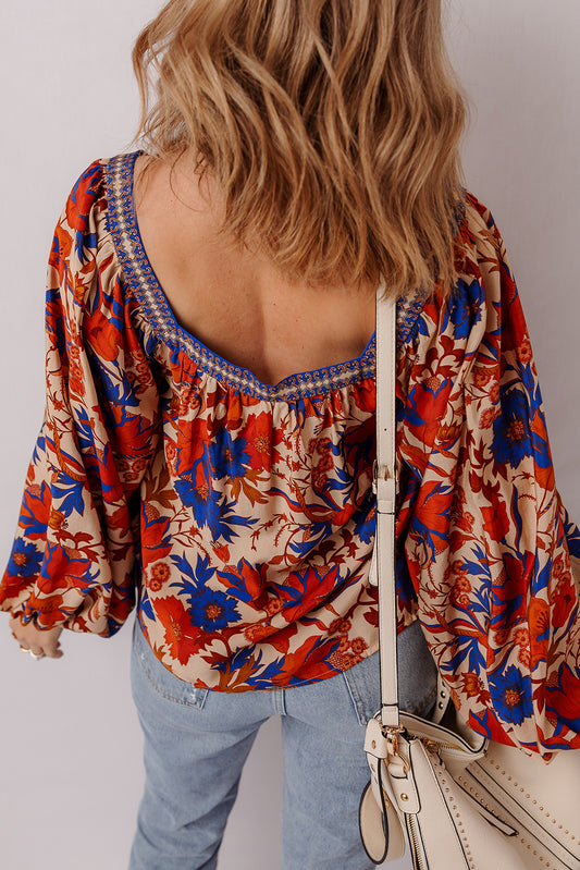 Multicolour Floral Print Square Neck Backless Loose Fit Blouse Blouses & Shirts JT's Designer Fashion