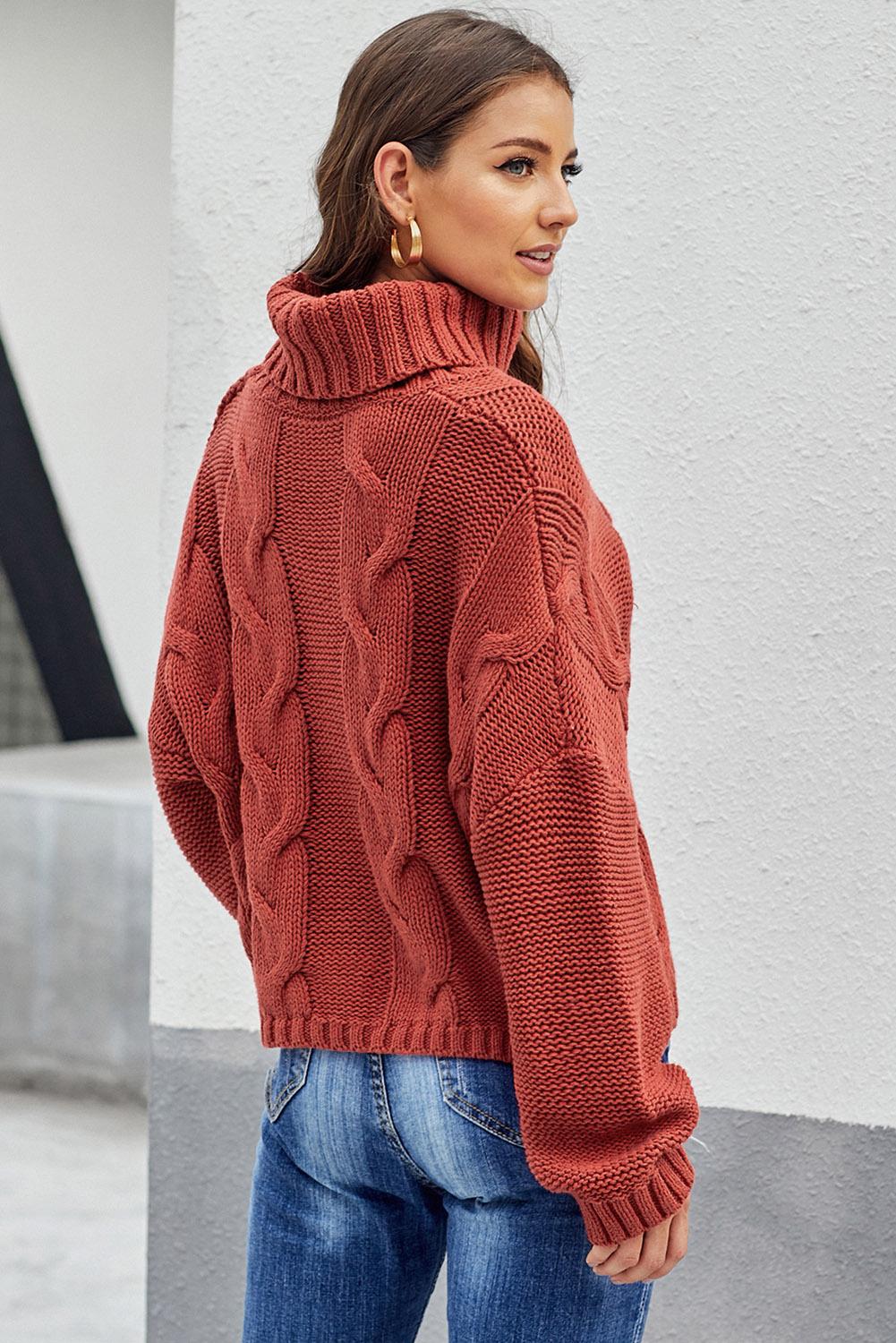 Fiery Red Cuddle Weather Cable Knit Handmade Turtleneck Sweater Sweaters JT's Designer Fashion