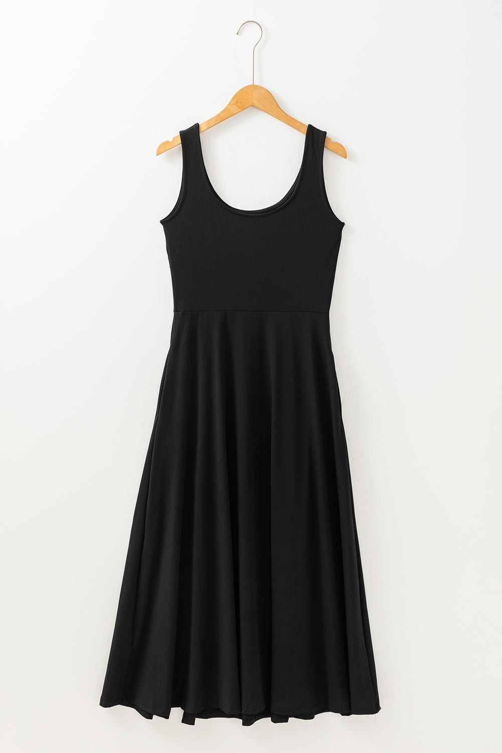 Black Sleeveless Scoop Neck Flared Split Midi Dress Midi Dresses JT's Designer Fashion