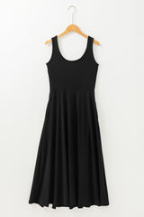 Black Sleeveless Scoop Neck Flared Split Midi Dress Midi Dresses JT's Designer Fashion