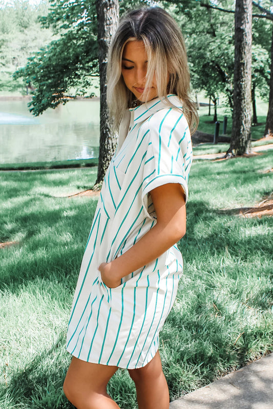 Mint Green St Patricks Striped Wide Short Sleeve Shift Mini Shirt Dress Mini Dresses JT's Designer Fashion