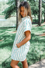Mint Green St Patricks Striped Wide Short Sleeve Shift Mini Shirt Dress Mini Dresses JT's Designer Fashion