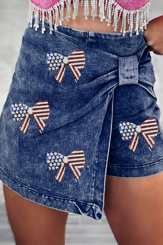 Sail Blue High Waist USA Flag Inspire Bow Patched Twisted Denim Skort Graphic Pants JT's Designer Fashion