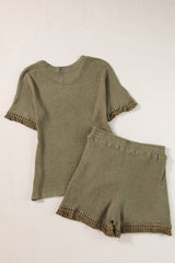 Laurel Green Fringe Trim Textured Short Two Piece Set Short Sets JT's Designer Fashion