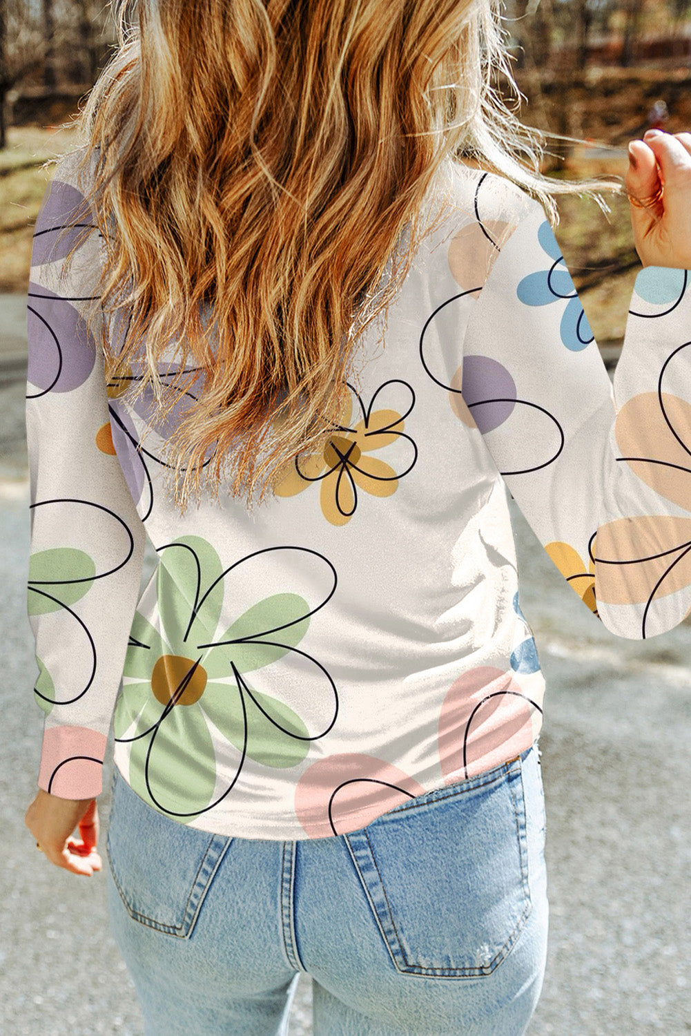 Beige Flower Print Crew Neck Long Sleeve T Shirt Long Sleeve Tops JT's Designer Fashion