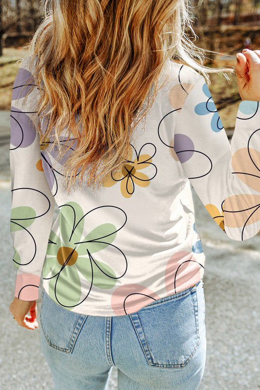 Beige Flower Print Crew Neck Long Sleeve T Shirt Long Sleeve Tops JT's Designer Fashion