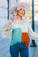 Leopard Patchwork Color Block Ribbed Long Sleeve Top Long Sleeve Tops JT's Designer Fashion