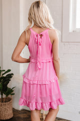 Pink Smocked Neck Knot Back Frilly Tiered Sleeveless Mini Dress Mini Dresses JT's Designer Fashion