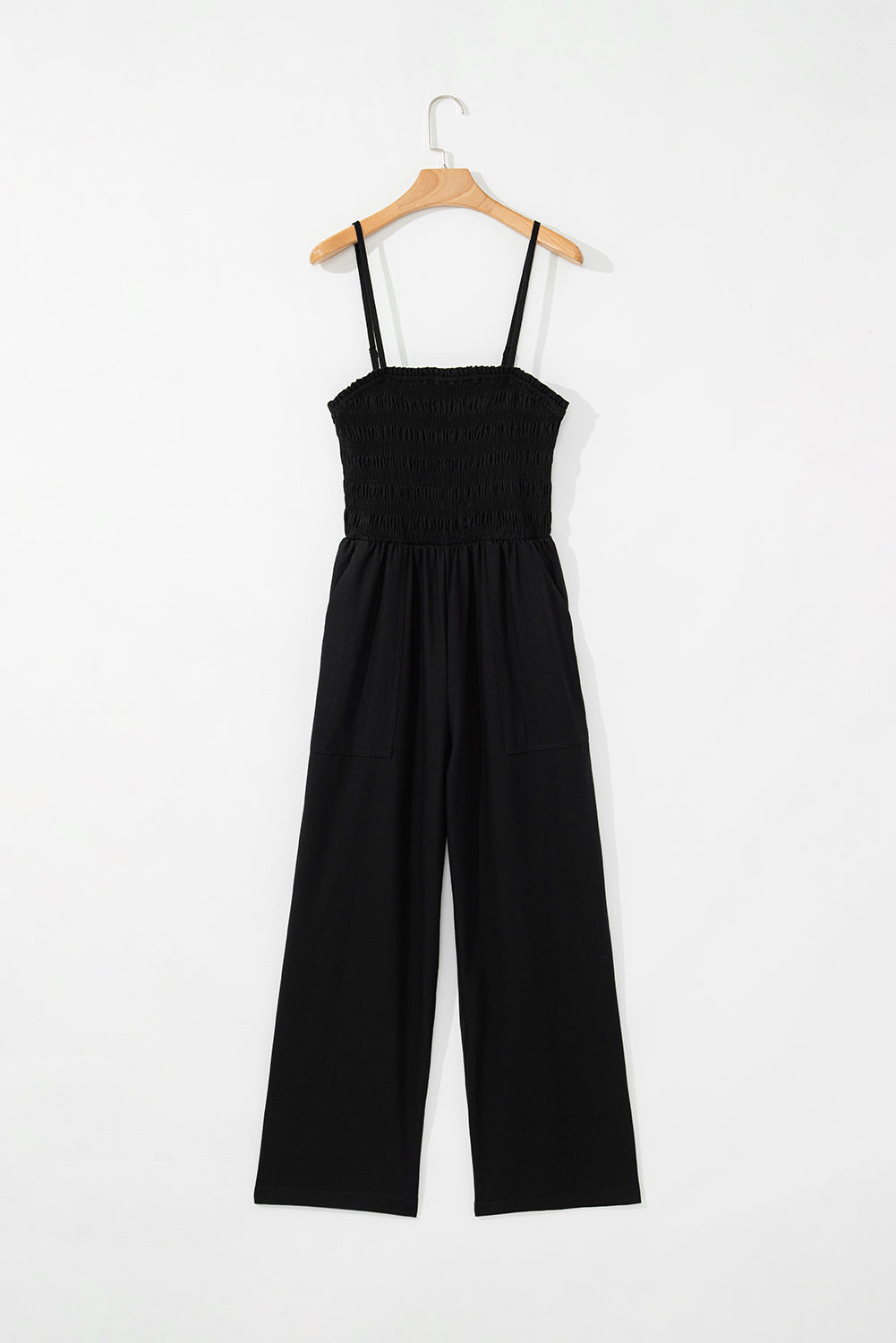 Black Spaghetti Straps Shirred Bodice Pocketed Wide Leg Jumpsuit Jumpsuits & Rompers JT's Designer Fashion