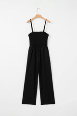 Black Spaghetti Straps Shirred Bodice Pocketed Wide Leg Jumpsuit Jumpsuits & Rompers JT's Designer Fashion
