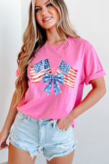 Sachet Pink Dual American Flag Bow Printed Casual T Shirt Graphic Tees JT's Designer Fashion