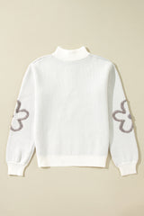 White Contrast Flower Half Zipper Stand Neck Sweater Sweaters JT's Designer Fashion