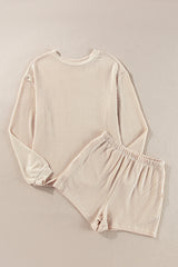 Parchment Corded Knit Long Sleeve Top and High Waist Shorts Set Short Sets JT's Designer Fashion