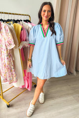 Myosotis Contrast Striped Notched V Neck Puff Sleeve Mini Dress Mini Dresses JT's Designer Fashion