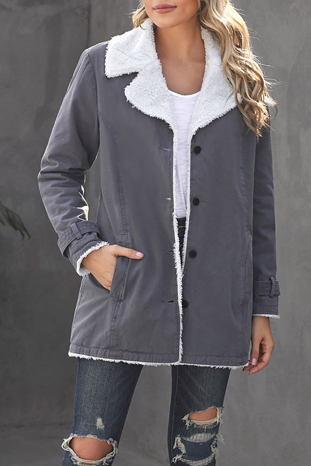 Gray Lapel Collar Button Fleece Jacket Jackets JT's Designer Fashion