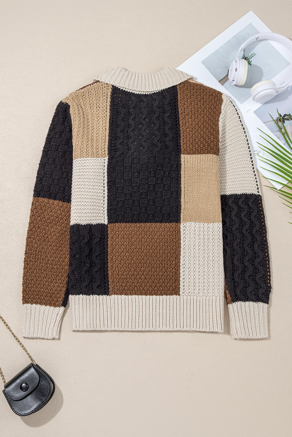 Multicolour Color Block Cable Knit Sleeve Buttons Collared Sweater Sweaters JT's Designer Fashion