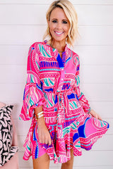 Rose Boho Abstract Printed Puff Sleeve Drawstring Waist Ruffled Mini Dress Mini Dresses JT's Designer Fashion
