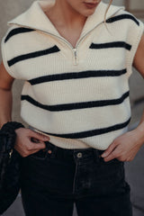 White Stripe Zipped Collar Cap Sleeve Knit Top Sweaters & Cardigans JT's Designer Fashion
