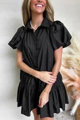 Black Shirt Style Button Down Puff Sleeve Ruffle Hem Dress Mini Dresses JT's Designer Fashion