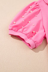 Pink Contrast Bow Trim Pearl Puff Sleeve Blouse and Skort 2pcs Set Short Sets JT's Designer Fashion