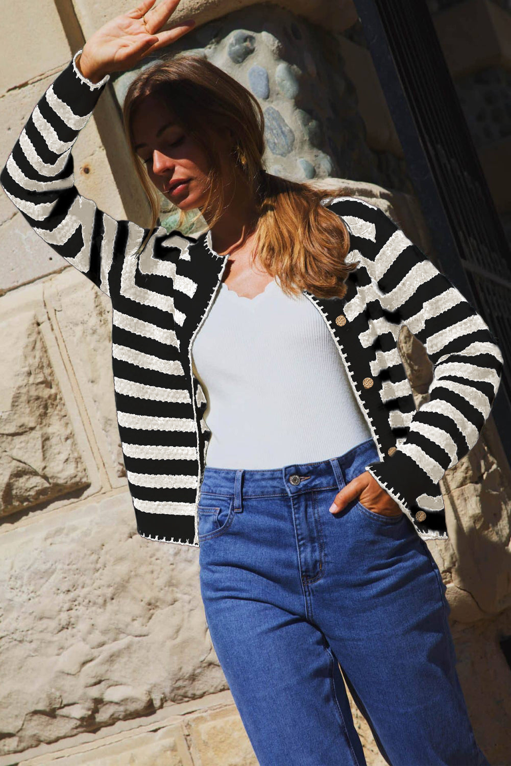 White Stripe Chic Golden Button Cardigan Sweater Cardigans JT's Designer Fashion