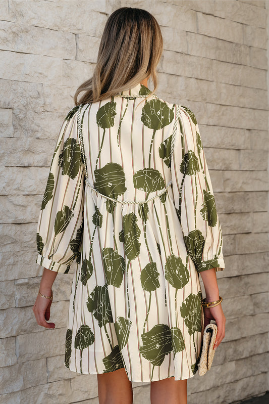 Guacamole Green Floral Striped Print Contrast Piping Puff Sleeve Dress Floral Dresses JT's Designer Fashion