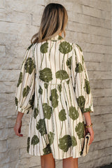 Guacamole Green Floral Striped Print Contrast Piping Puff Sleeve Dress Floral Dresses JT's Designer Fashion
