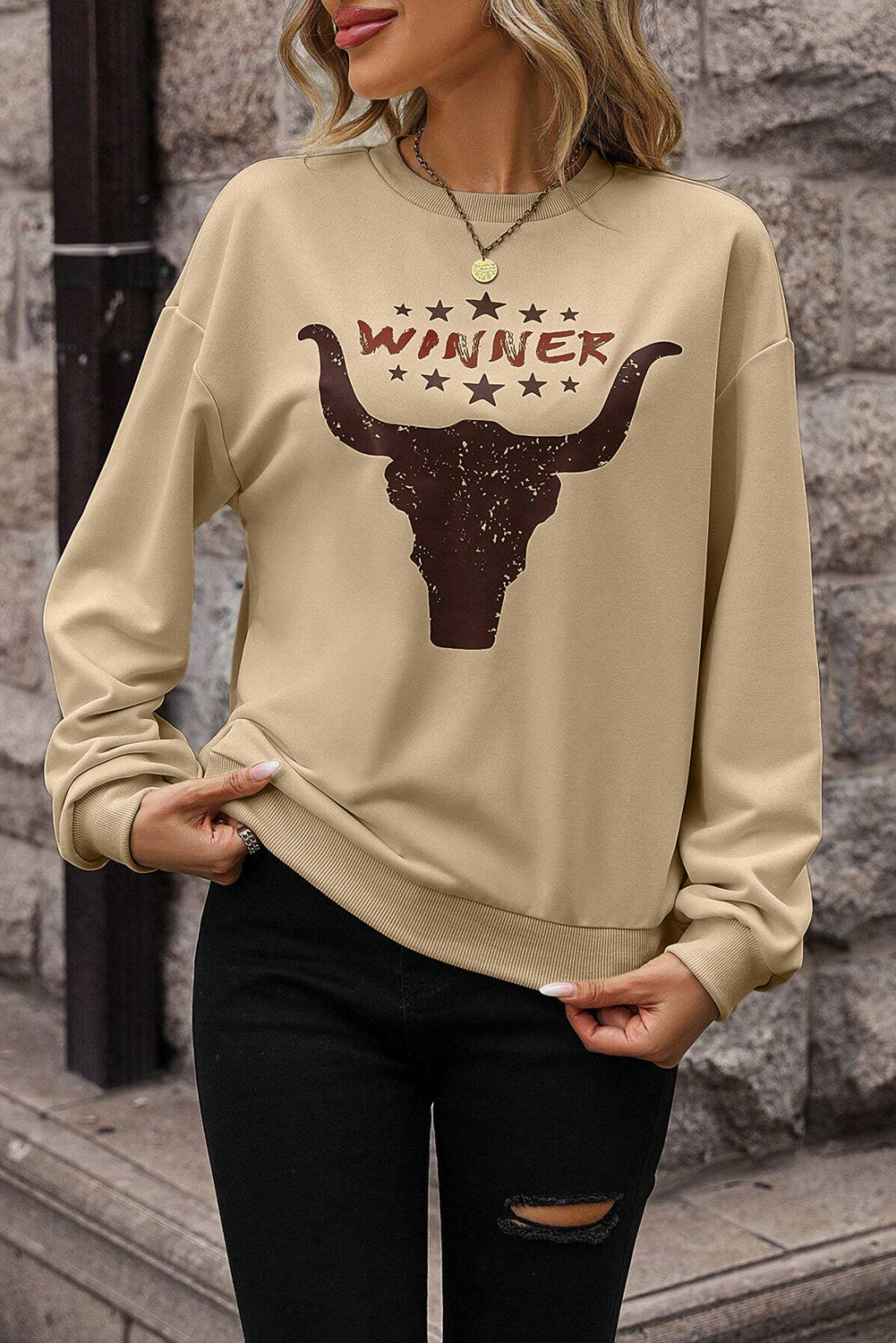 Khaki WINNER Steer Head Graphic Sweatshirt Graphic Sweatshirts JT's Designer Fashion