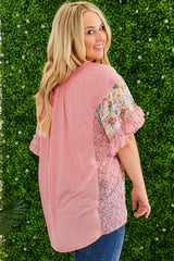 Pink Plus Size Floral Patchwork Ruffled Short Sleeve Blouse Plus Size Blouses & Shirts JT's Designer Fashion
