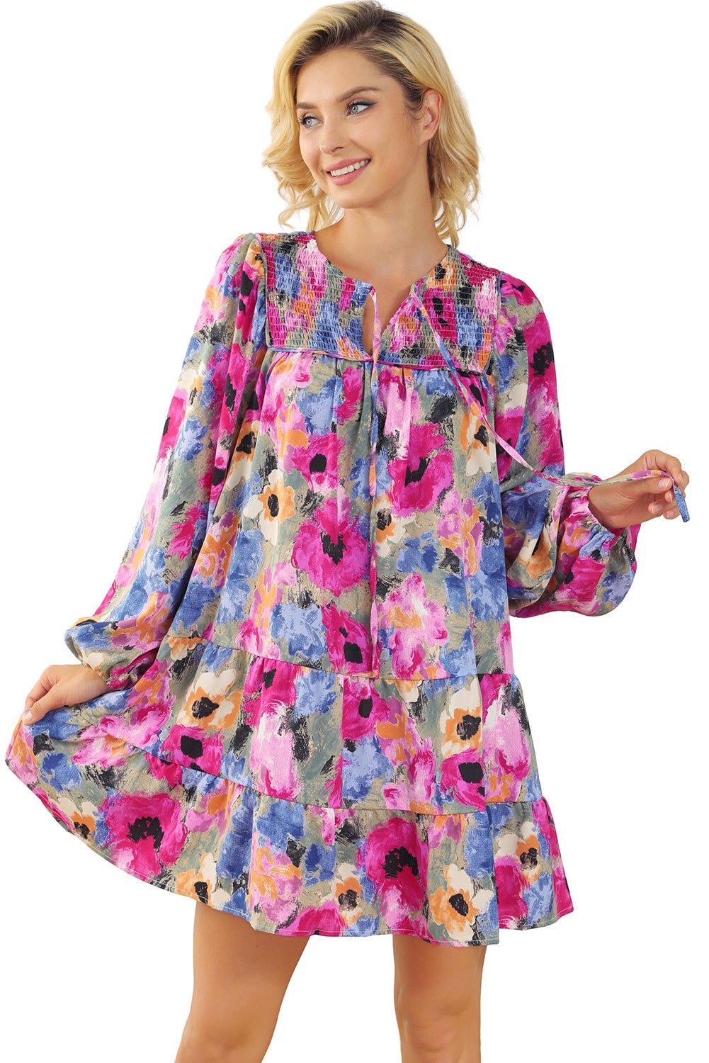 Multicolour Floral Tie Neck Bubble Sleeve Shift Dress Floral Dresses JT's Designer Fashion