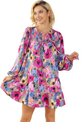 Multicolour Floral Tie Neck Bubble Sleeve Shift Dress Floral Dresses JT's Designer Fashion