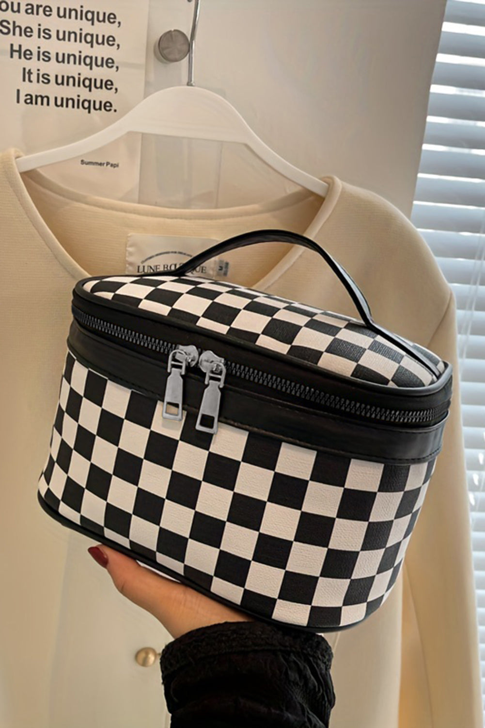 Black Checkered Zipper Large Cosmetic Bag with Handle Makeup Bags JT's Designer Fashion