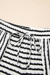 Black Stripe Knitted Short Sleeve Top and Drawstring Shorts Set Short Sets JT's Designer Fashion