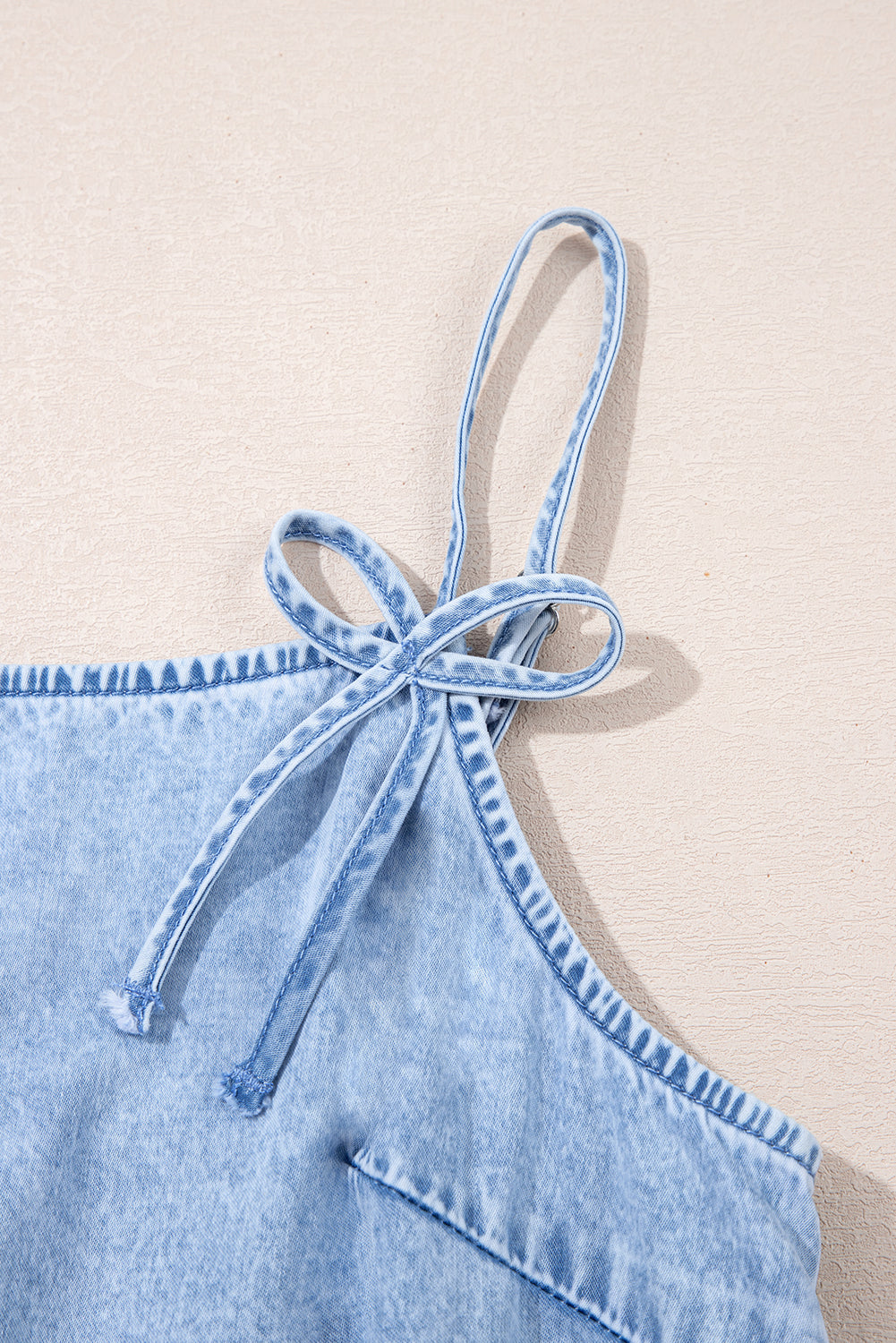 Beau Blue Bow Detail Spaghetti Straps Ruffle Hem Denim Short Dress Mini Dresses JT's Designer Fashion