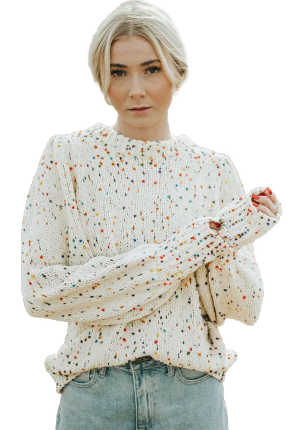 Beige Colorful Confetti Dots Cable Knit Crew Neck Sweater Sweaters JT's Designer Fashion