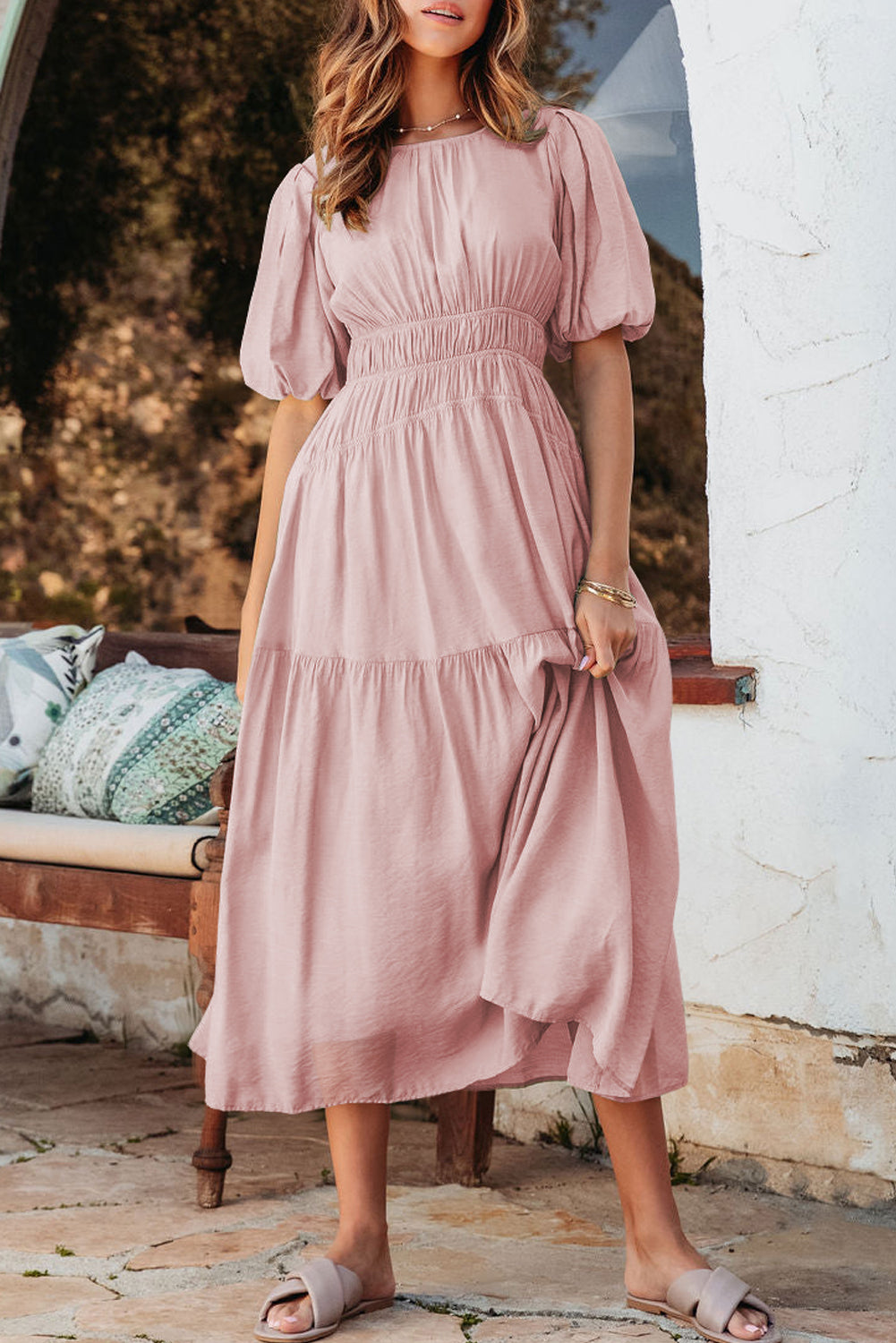 Pink Puff Sleeve Pleated High Waist Flowy Long Dress Pink 100%Polyester Maxi Dresses JT's Designer Fashion