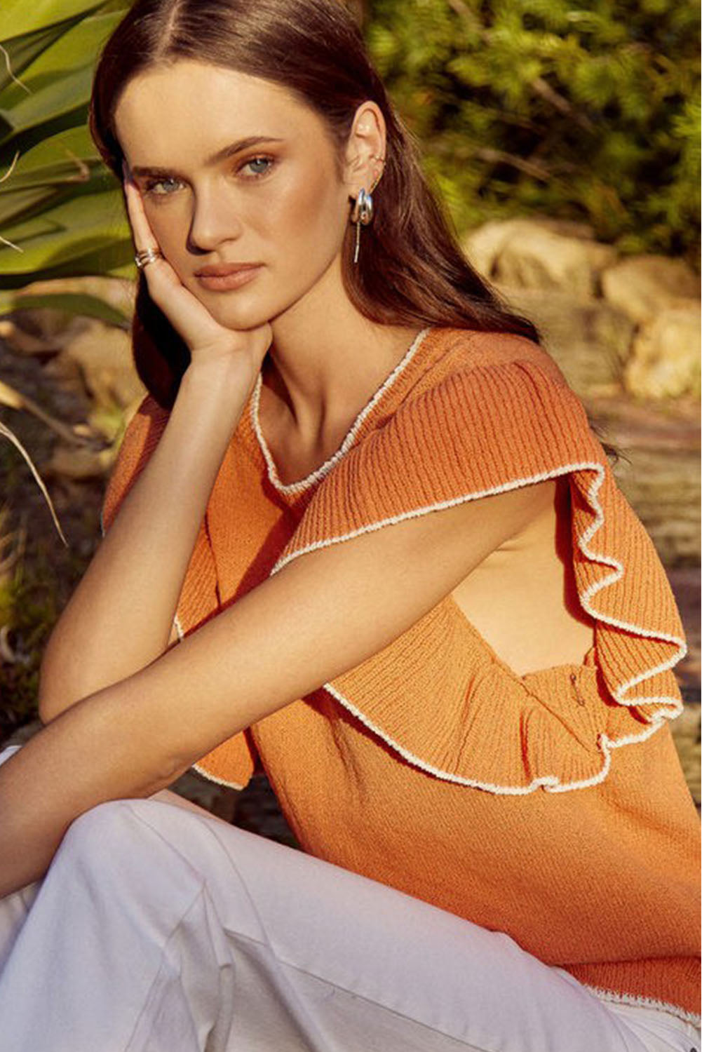Russet Orange Contrast Trim Ruffle Sleeve Knitted Top Sweaters & Cardigans JT's Designer Fashion