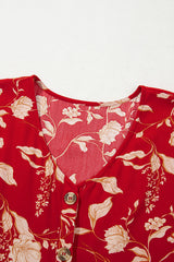 Red Floral Print Buttoned Front V Neck Tiered Short Sleeve Midi Dress Midi Dresses JT's Designer Fashion
