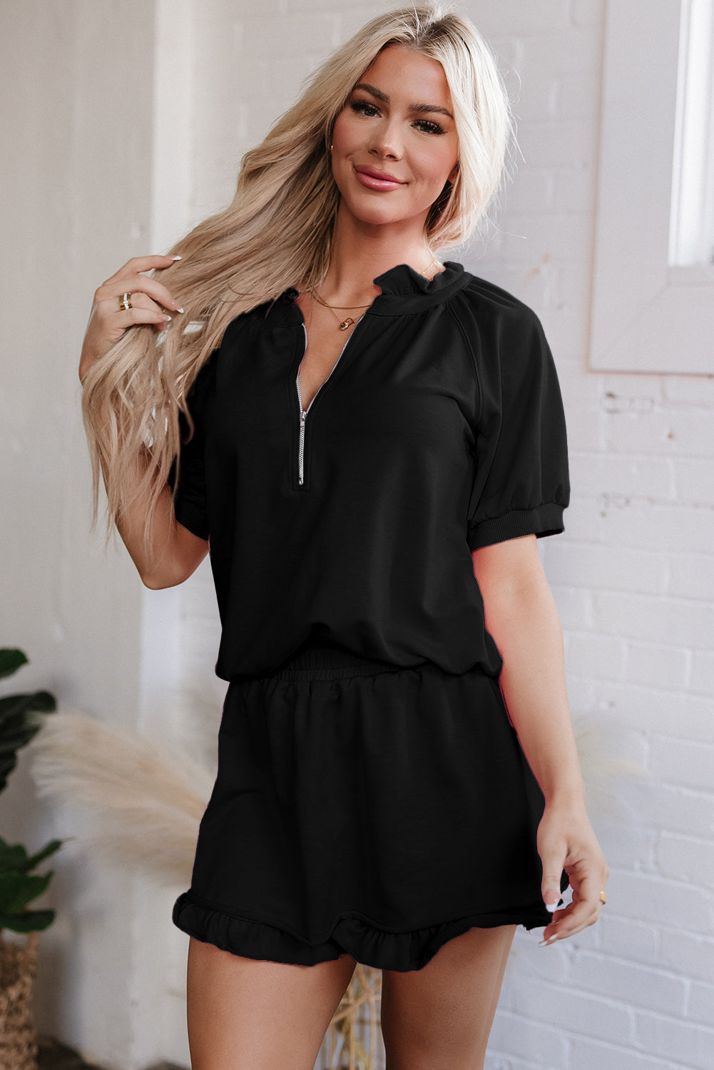 Black Half Zip Puff Sleeve Top and Ruffled Shorts Set Black 85%Polyester+10%Cotton+5%Elastane Short Sets JT's Designer Fashion