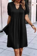 Black Notched Neck Pleated Puff Sleeve Shift T-shirt Dress Black 65%Polyester+30%Viscose+5%Elastane T Shirt Dresses JT's Designer Fashion